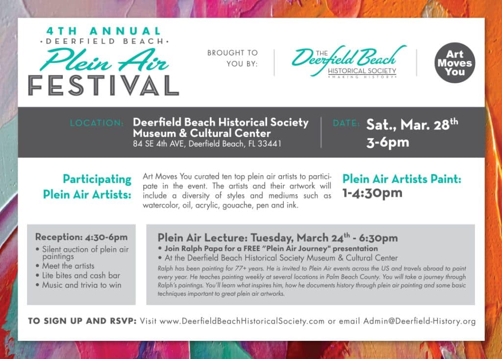 March 24 at 6:30 PM, an evening lecture with Artist Ralph Papa – leading up to our 4th Annual Plein Air Festival happening March 28