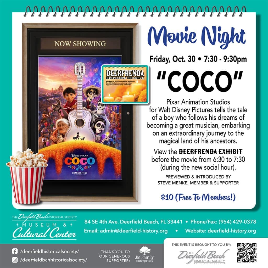 Movie Night: Disney Pixar’s “Coco” – Oct. 30 (view Deerfrenda Photo Exhibit from 6:30 to 7:30 PM)